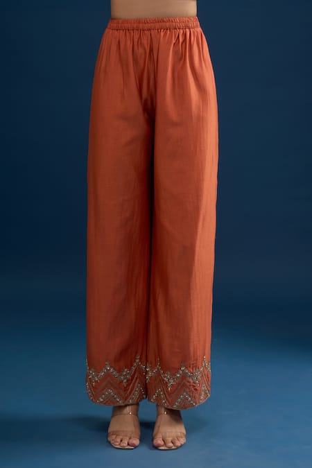 Matsya_Rust Silk Embroidery Split V-neck Red Anarkali Set _at_Aza_Fashions