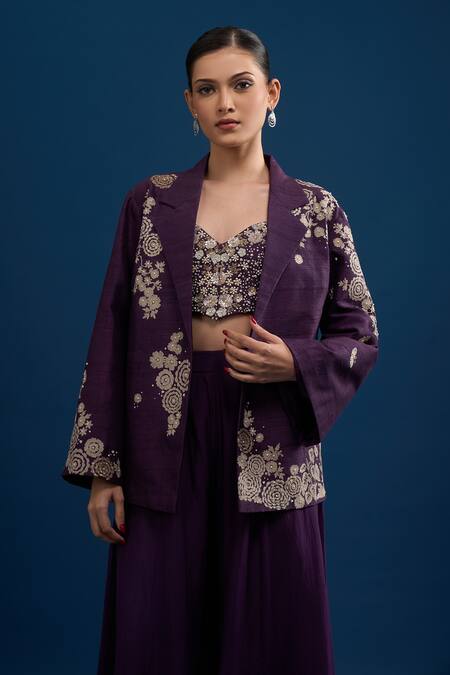 Buy_Matsya_Purple Silk Embroidery, Beads, Sequins Open , Sweetheart Jacket Set _Online_at_Aza_Fashions