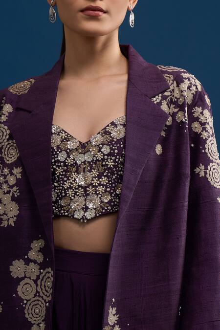 Shop_Matsya_Purple Silk Embroidery, Beads, Sequins Open , Sweetheart Jacket Set _Online_at_Aza_Fashions
