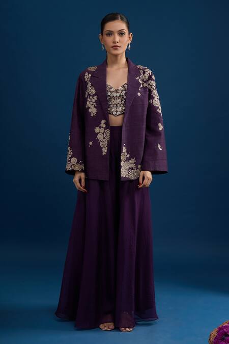 Buy_Matsya_Purple Silk Embroidery, Beads, Sequins Open , Sweetheart Jacket Set 