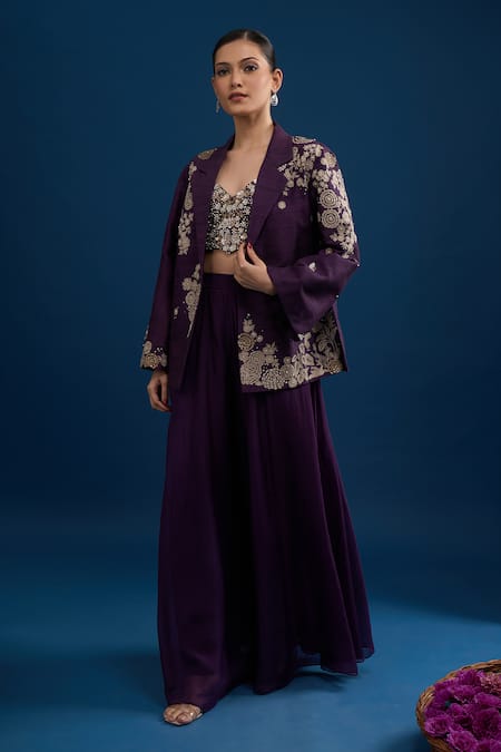 Matsya Embroidered Purple Jacket Set 