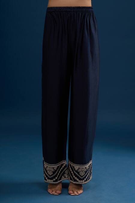 Matsya_Blue Silk Embroidery, Sequins V-neck Navy Anarkali Set _Online_at_Aza_Fashions