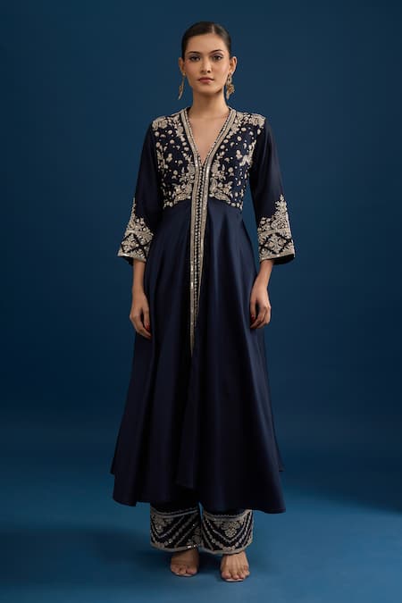 Buy_Matsya_Blue Silk Embroidery, Sequins V-neck Navy Anarkali Set _Online_at_Aza_Fashions