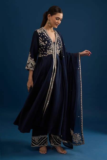 Shop_Matsya_Blue Silk Embroidery, Sequins V-neck Navy Anarkali Set _Online_at_Aza_Fashions