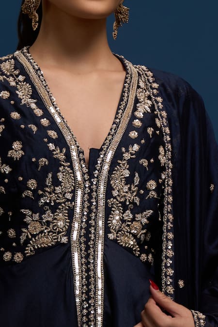 Matsya_Blue Silk Embroidery, Sequins V-neck Navy Anarkali Set _at_Aza_Fashions