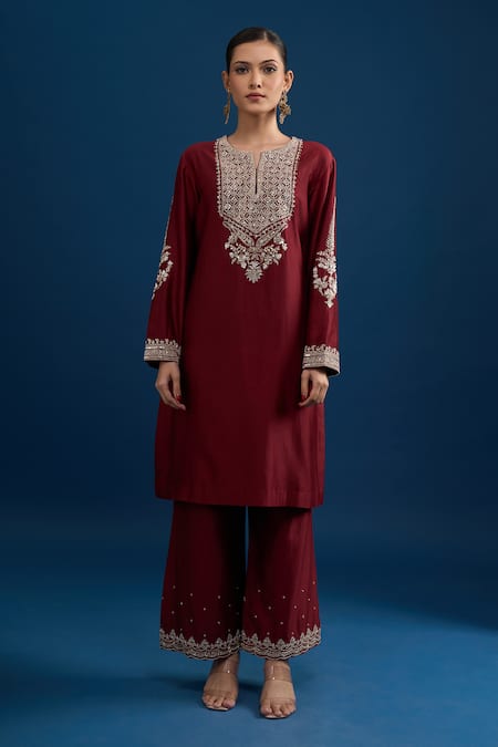 Matsya_Red Silk Sequins, Embroidery Round Neck Scarlet Kurta Set _Online_at_Aza_Fashions