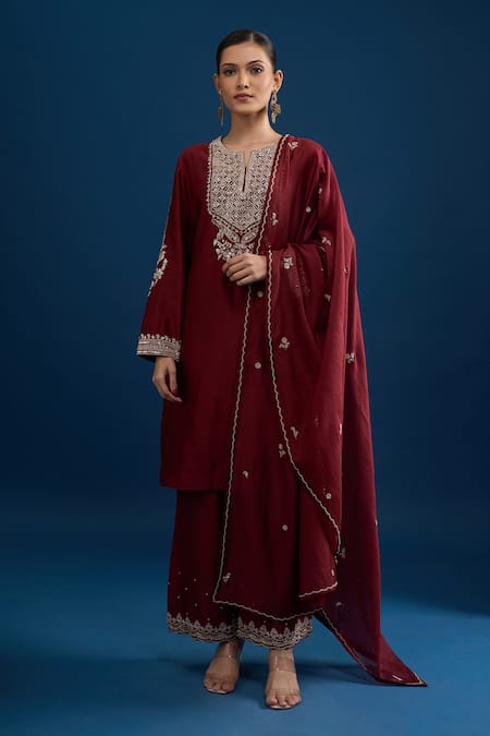 Matsya Scarlet Red Embroidered Kurta Set 