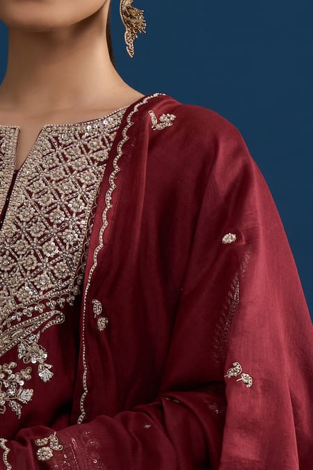 Matsya_Red Silk Sequins, Embroidery Round Neck Scarlet Kurta Set _at_Aza_Fashions