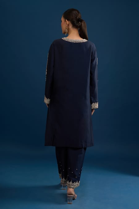 Matsya Navy Blue Embroidered Kurta Pant Set 