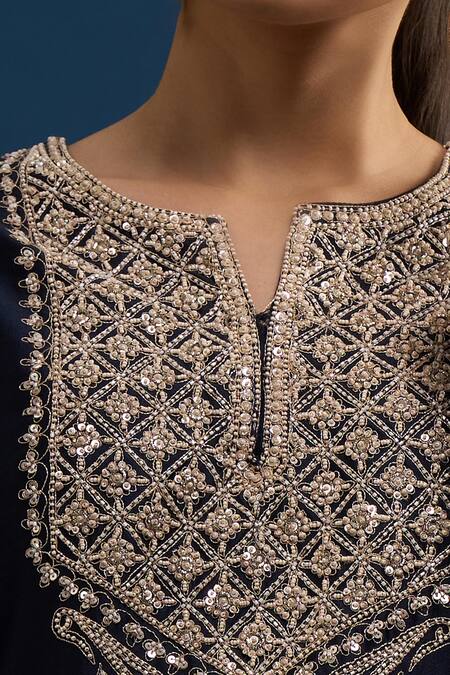 Matsya_Blue Silk Embroidery Round Neck Navy Kurta Pant Set _Online_at_Aza_Fashions