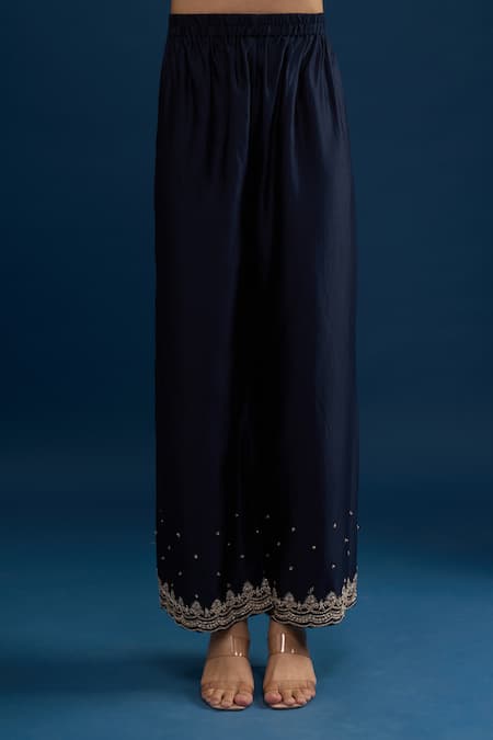 Buy_Matsya_Blue Silk Embroidery Round Neck Navy Kurta Pant Set _Online_at_Aza_Fashions