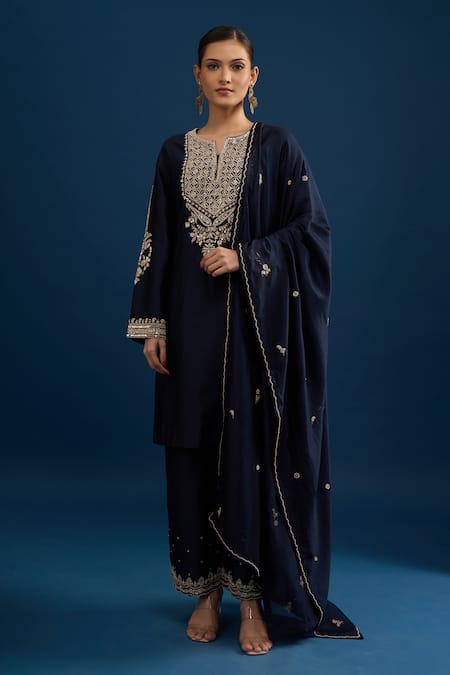 Matsya Navy Blue Embroidered Kurta Pant Set 