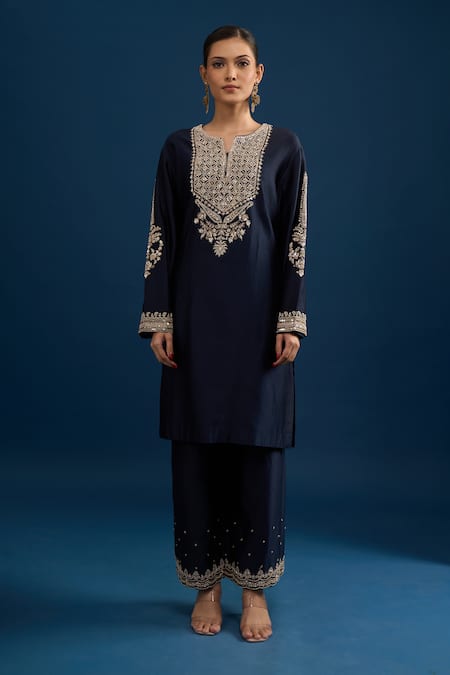 Shop_Matsya_Blue Silk Embroidery Round Neck Navy Kurta Pant Set _Online_at_Aza_Fashions