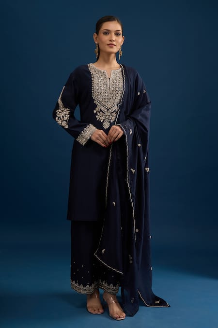 Matsya_Blue Silk Embroidery Round Neck Navy Kurta Pant Set _at_Aza_Fashions