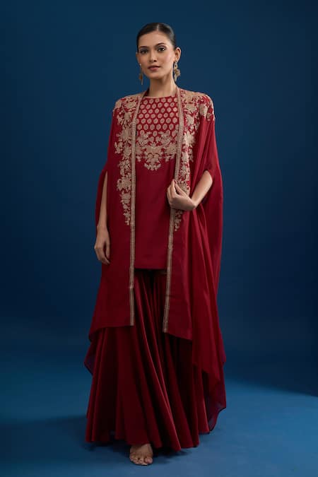 Matsya Red Silk Cape Kurta Sharara Set 