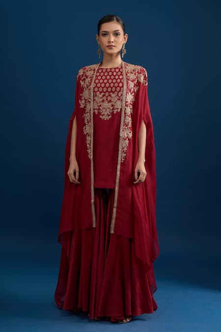 Matsya_Red Silk Embroidery Open , Round Cape Kurta Sharara Set _Online_at_Aza_Fashions