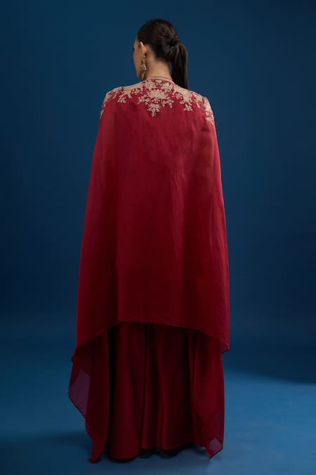 Matsya Red Silk Cape Kurta Sharara Set 