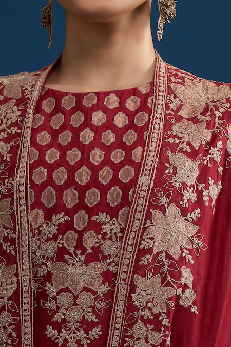 Buy_Matsya_Red Silk Embroidery Open , Round Cape Kurta Sharara Set _Online_at_Aza_Fashions