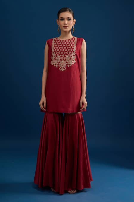 Matsya_Red Silk Embroidery Open , Round Cape Kurta Sharara Set _at_Aza_Fashions