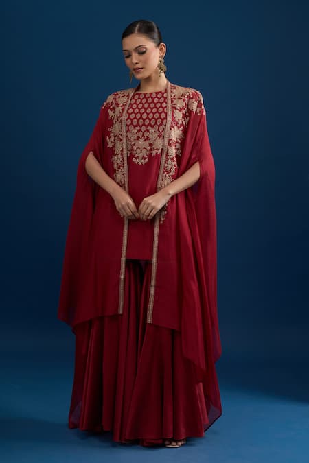 Buy_Matsya_Red Silk Embroidery Open , Round Cape Kurta Sharara Set 