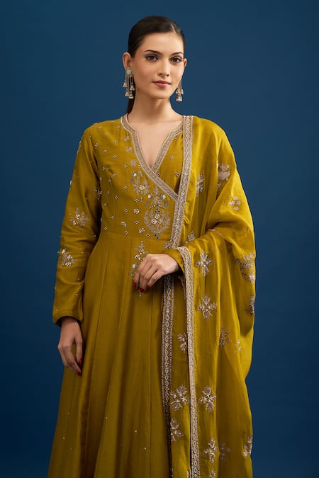 Matsya_Green Silk Sequins, Embroidery V-neck Lime Anarkali Set _Online_at_Aza_Fashions