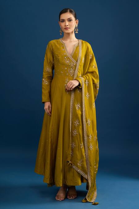 Buy_Matsya_Green Silk Sequins, Embroidery V-neck Lime Anarkali Set _Online_at_Aza_Fashions