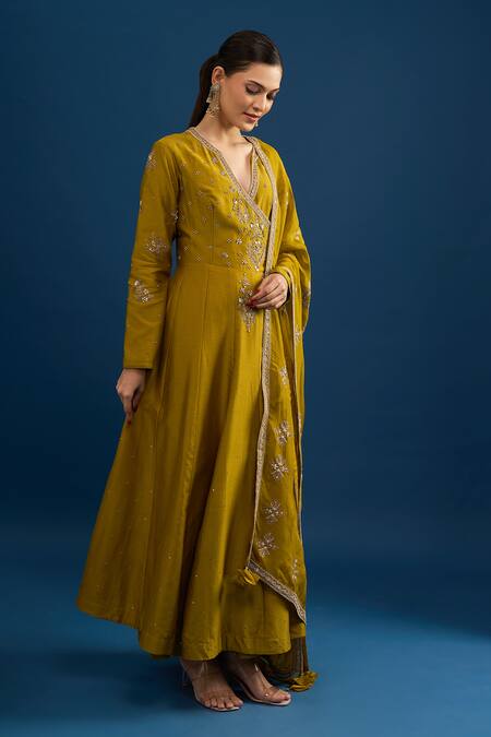 Matsya_Green Silk Sequins, Embroidery V-neck Lime Anarkali Set _at_Aza_Fashions