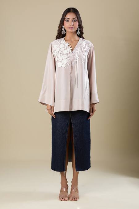 Pankaj & Nidhi_Beige Embroidery V-neck Tunic _Online_at_Aza_Fashions