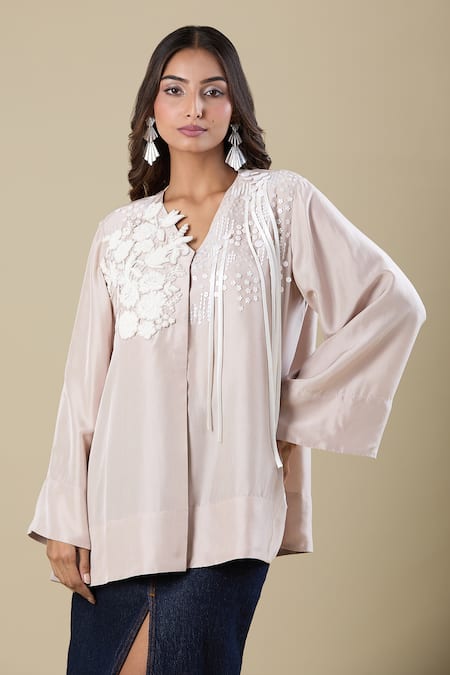 Pankaj & Nidhi Beige Embroidery V-neck Tunic