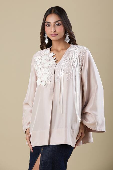 Buy_Pankaj & Nidhi_Beige Embroidery V-neck Tunic _Online_at_Aza_Fashions