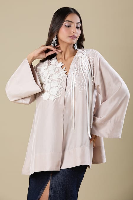 Shop_Pankaj & Nidhi_Beige Embroidery V-neck Tunic _Online_at_Aza_Fashions