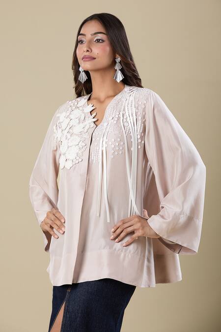 Pankaj & Nidhi_Beige Embroidery V-neck Tunic _at_Aza_Fashions