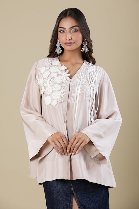 Buy_Pankaj & Nidhi_Beige Embroidery V-neck Tunic 