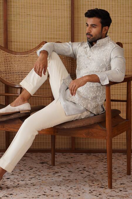 Arjan Dugal_Blue Organza, Brocade, Chanderi, Cotton Satin, Lycra Nehru Jacket And Kurta Set _Online_at_Aza_Fashions