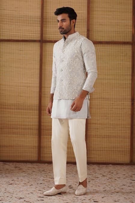 Buy_Arjan Dugal_Blue Organza, Brocade, Chanderi, Cotton Satin, Lycra Nehru Jacket And Kurta Set _Online_at_Aza_Fashions