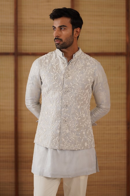 Shop_Arjan Dugal_Blue Organza, Brocade, Chanderi, Cotton Satin, Lycra Nehru Jacket And Kurta Set _Online_at_Aza_Fashions