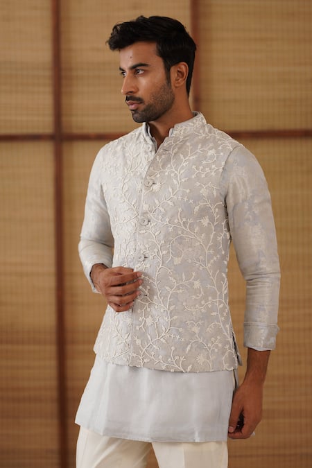 Arjan Dugal_Blue Organza, Brocade, Chanderi, Cotton Satin, Lycra Nehru Jacket And Kurta Set _at_Aza_Fashions