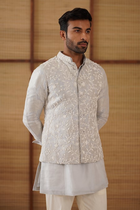 Buy_Arjan Dugal_Blue Organza, Brocade, Chanderi, Cotton Satin, Lycra Nehru Jacket And Kurta Set 