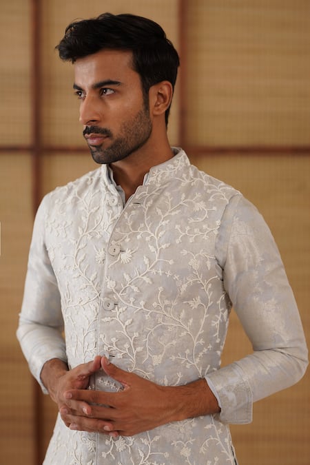 Shop_Arjan Dugal_Blue Organza, Brocade, Chanderi, Cotton Satin, Lycra Nehru Jacket And Kurta Set 