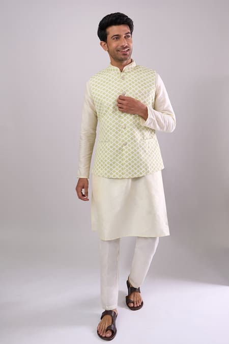 Buy_Arihant Rai Sinha_Cream Lyril Geometric Pattern Bundi _Online_at_Aza_Fashions