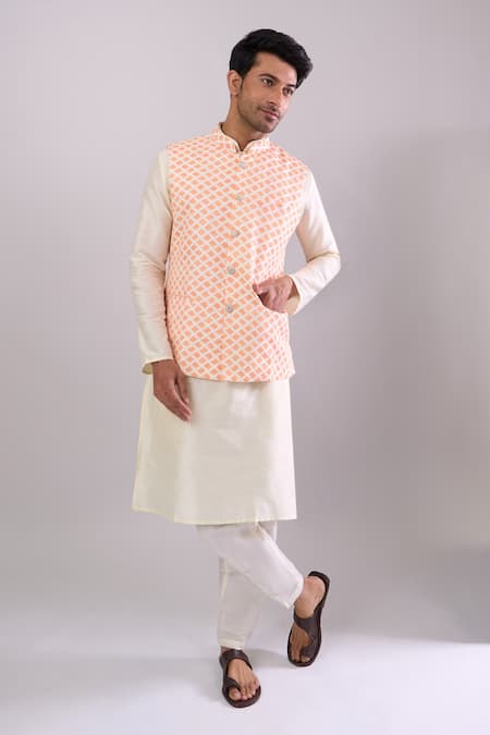Buy_Arihant Rai Sinha_Orange Geometric Pattern Bundi _Online_at_Aza_Fashions