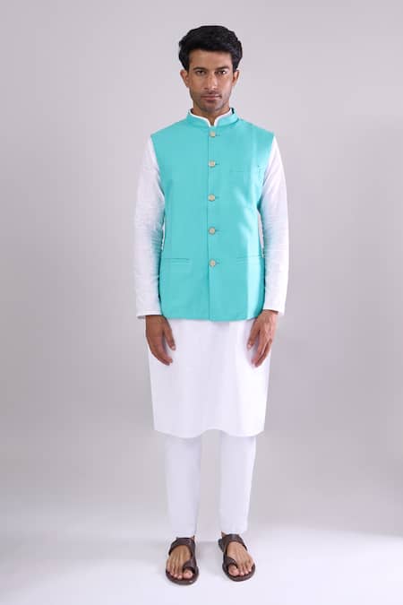Arihant Rai Sinha_Green Polyester, Jacquard Rama Poly Bundi _Online_at_Aza_Fashions