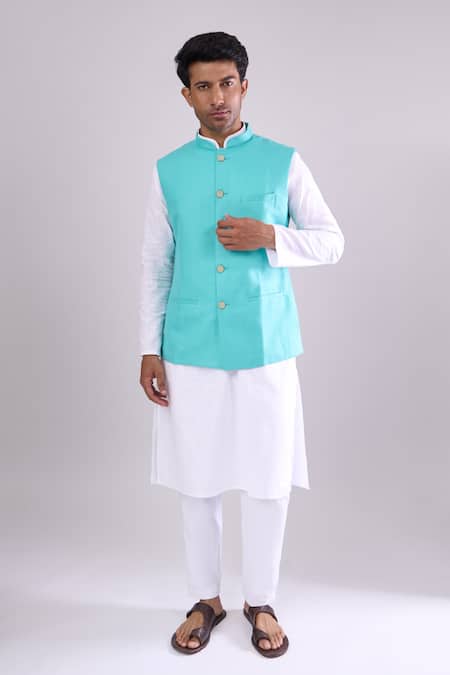 Buy_Arihant Rai Sinha_Green Polyester, Jacquard Rama Poly Bundi _Online_at_Aza_Fashions