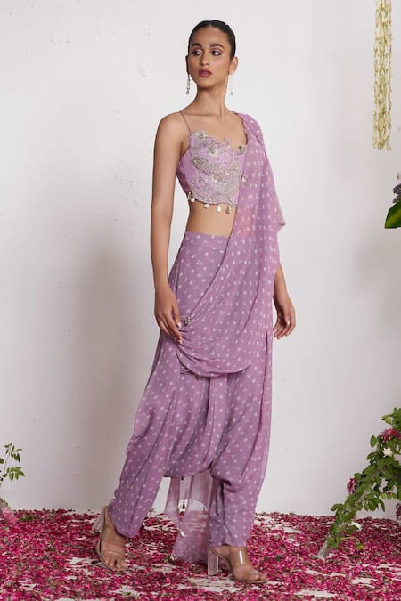 Amrta By Guneet Kondal Purple Bandhani Print Pre-Draped Saree Set 
