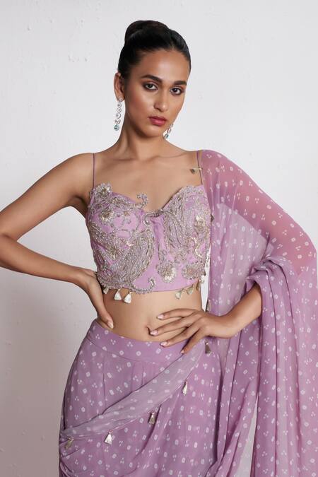 Buy_Amrta By Guneet Kondal_Purple Georgette Embroidery, Mirrors Bandhani Print Pre-draped Saree Set _Online_at_Aza_Fashions