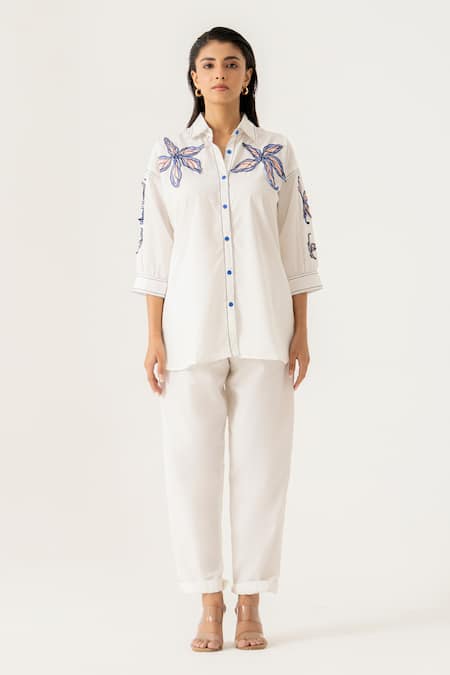 K-Anshika White Co-ord Set with Floral Embroidery 