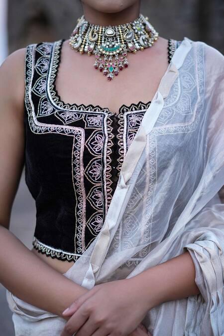Buy_Label Anshu Khathuria_Silver Tissue, Velvet Embroidery Square Designer And Black Handloom Saree Set _Online_at_Aza_Fashions