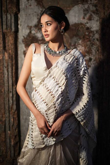 Label Anshu Khathuria_Silver Tissue V-neck Designer Pre-draped Saree And Blouse Set _Online_at_Aza_Fashions