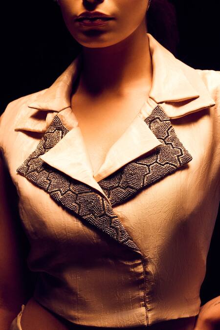 Label Anshu Khathuria_Gold Tissue Embroidery Collared Champagne Designer Skirt And Jacket Top _Online_at_Aza_Fashions