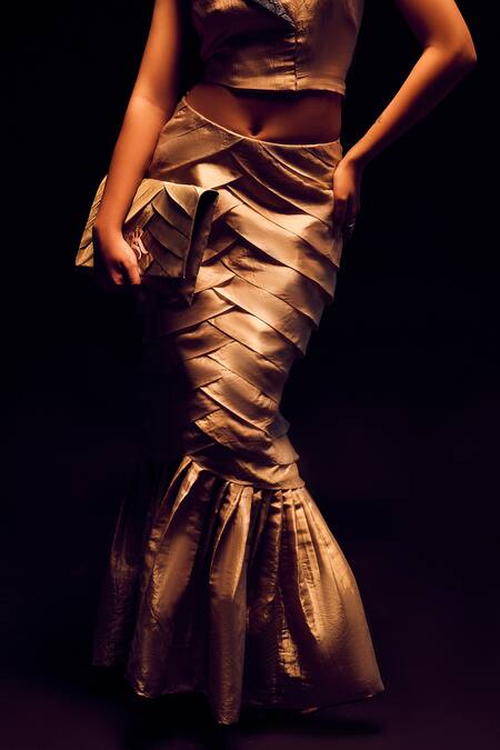 Buy_Label Anshu Khathuria_Gold Tissue Embroidery Collared Champagne Designer Skirt And Jacket Top _Online_at_Aza_Fashions